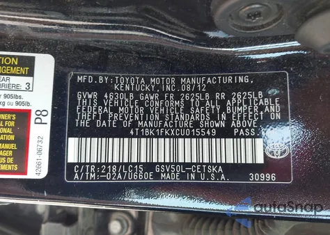 2012 Toyota Camry Se V6 из США, поврежденный, VIN 4T1BK1FKXCU015549